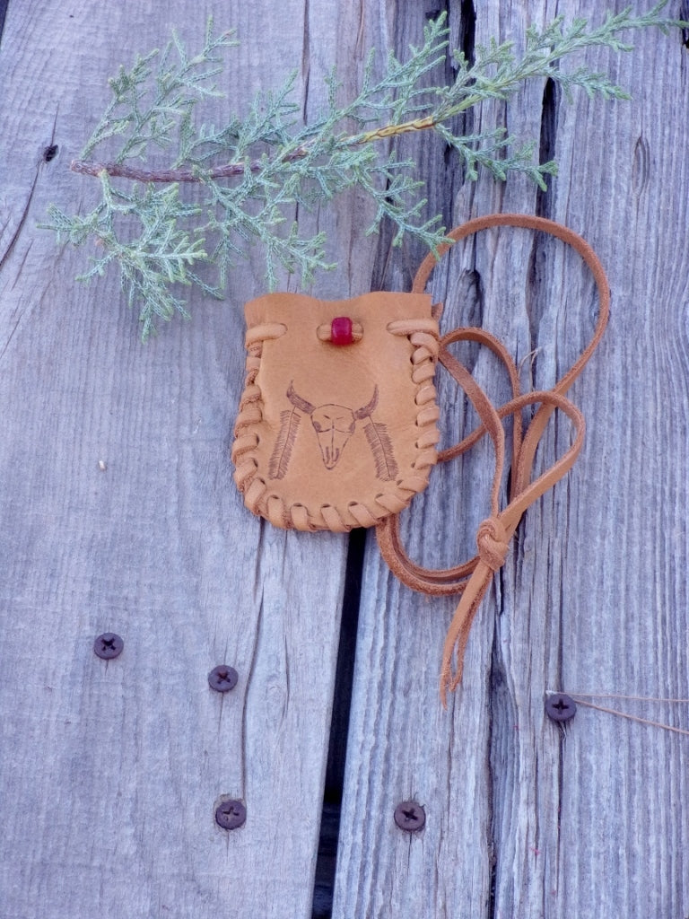 Handmade leather medicine bag , buffalo medicine pouch , buffalo eagle feather totem