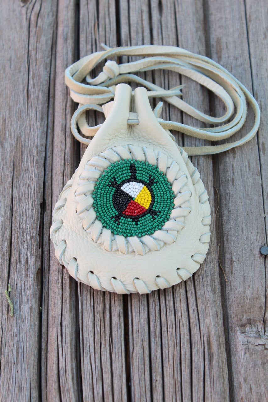 Beaded turtle medicine bag, leather pouch