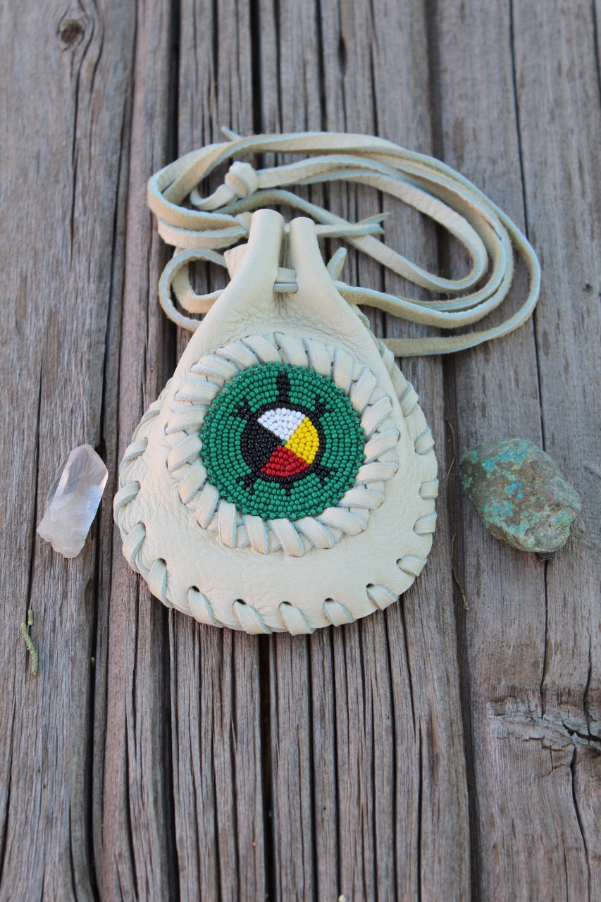 Beaded turtle medicine bag, leather pouch