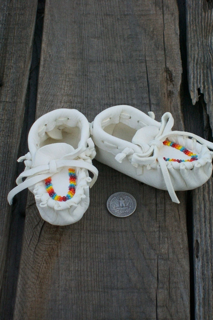 Rainbow beaded baby moccasins, white buckskin baby moccasins infant moccasins