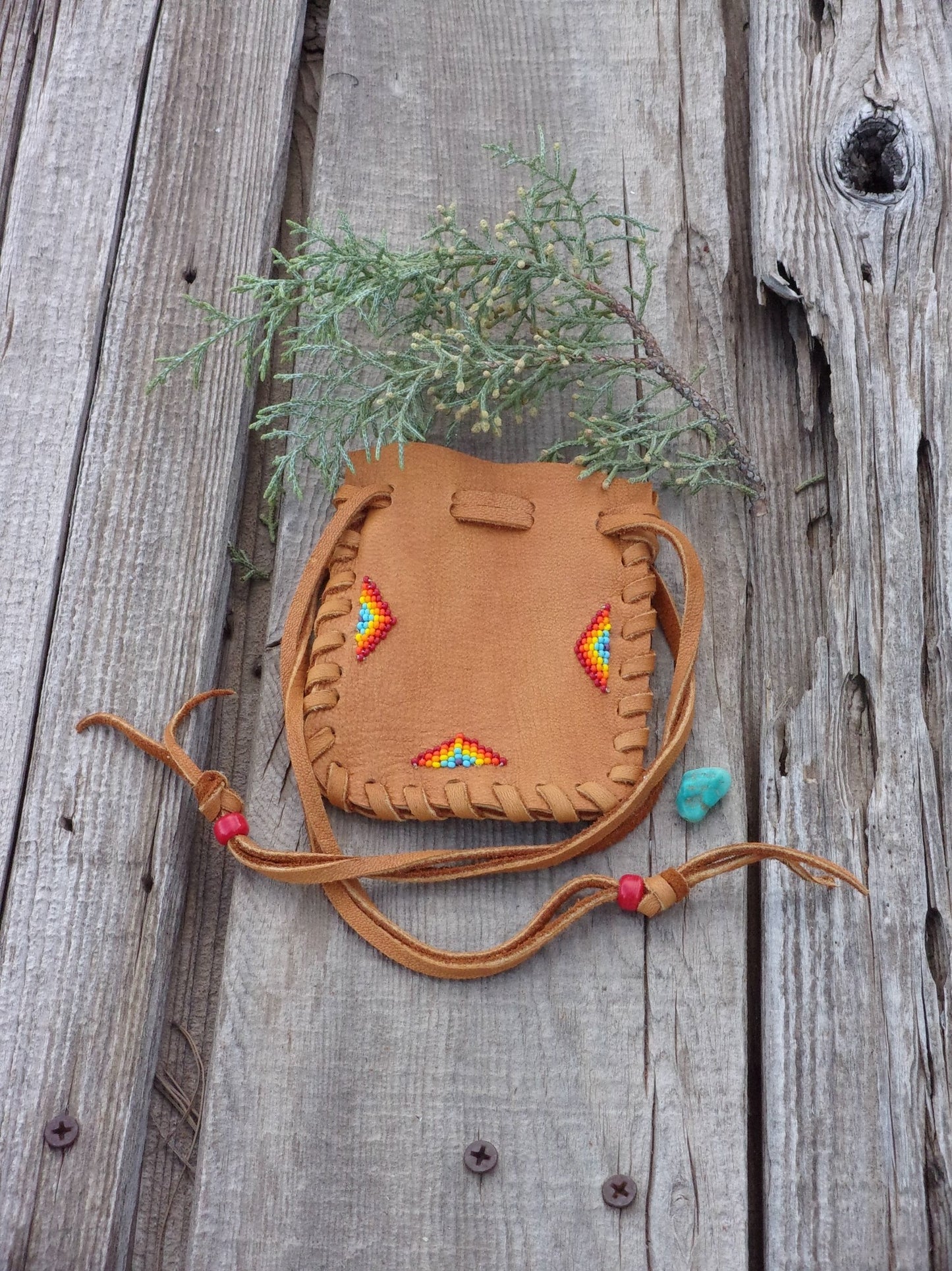 Beaded leather pouch , drawstring medicine bag