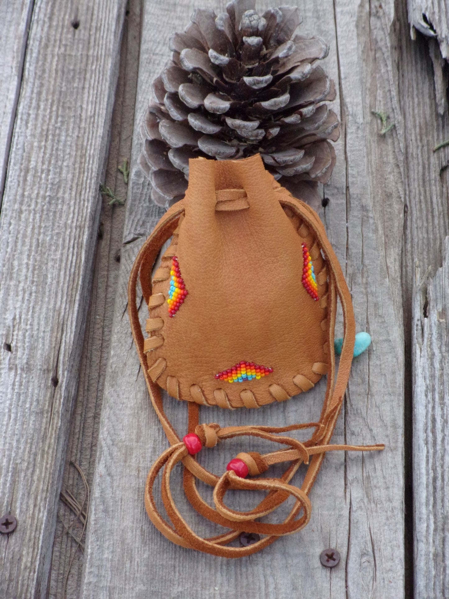 Beaded leather pouch , drawstring medicine bag