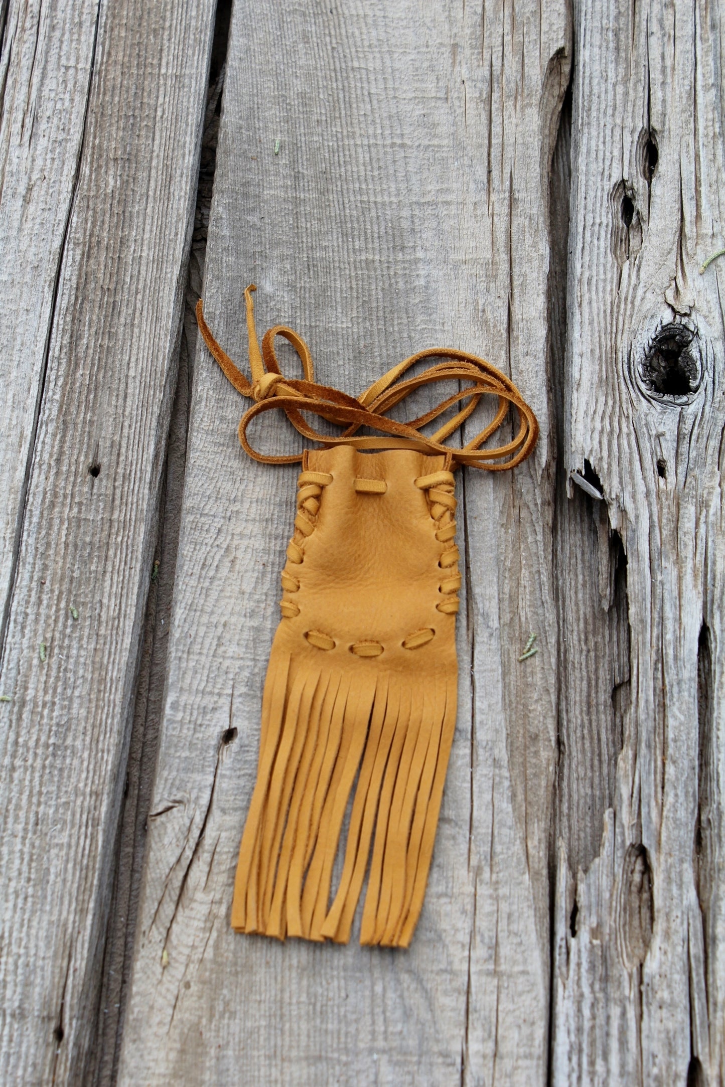 Fringed leather medicine bag, necklace amulet pouch