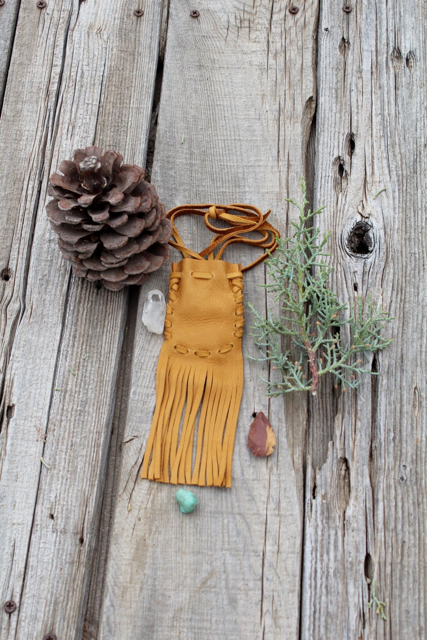 Fringed leather medicine bag, necklace amulet pouch