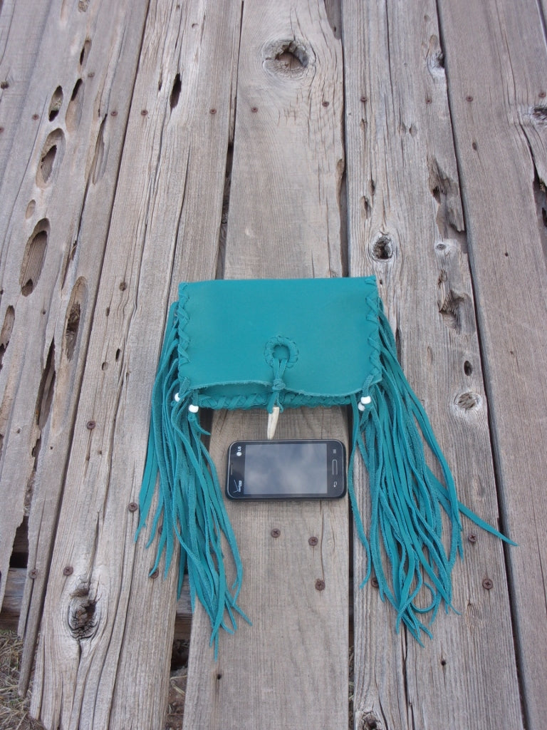 Fringed leather clutch, turquoise leather clutch, leather handbag