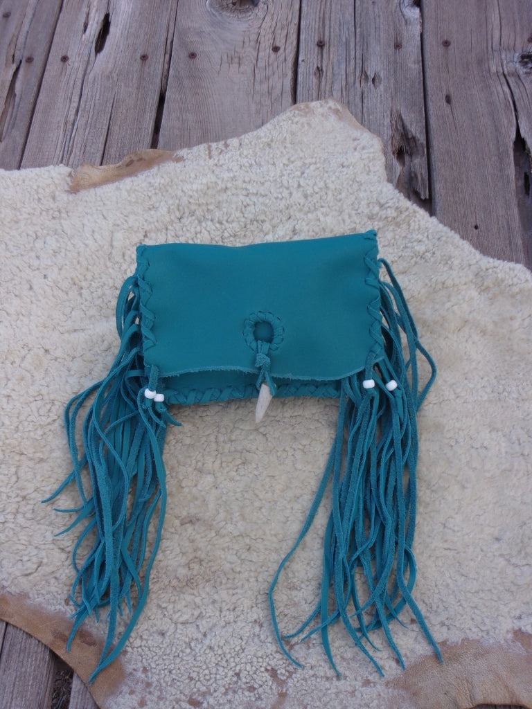 Fringed leather clutch, turquoise leather clutch, leather handbag