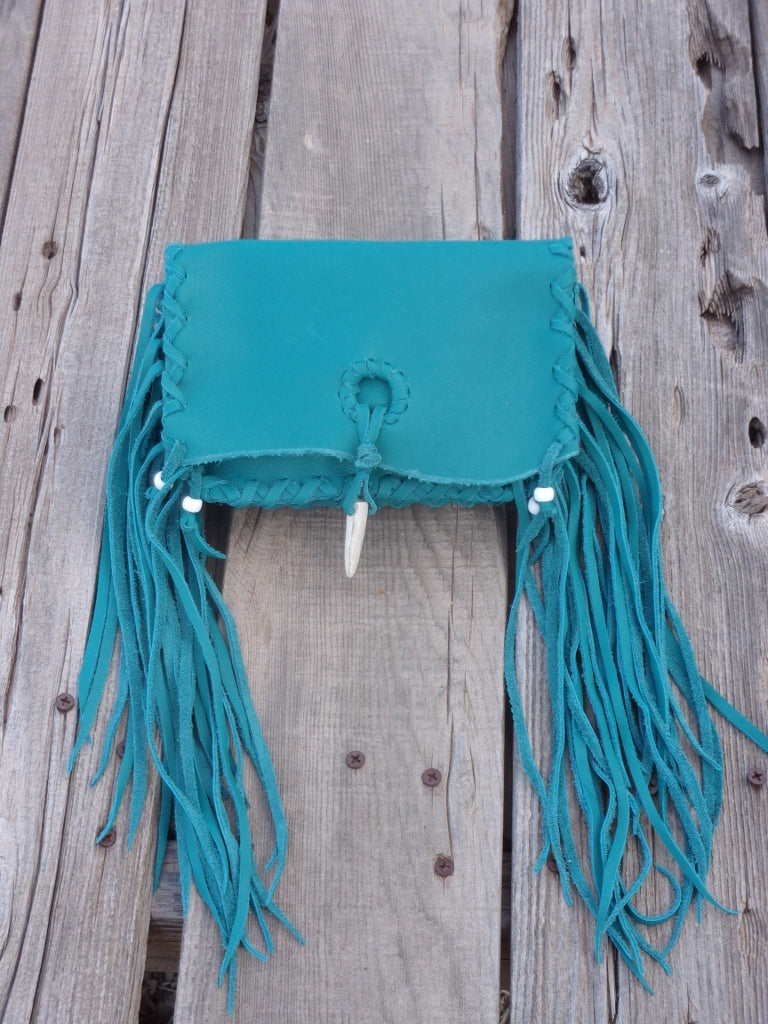 Fringed leather clutch, turquoise leather clutch, leather handbag